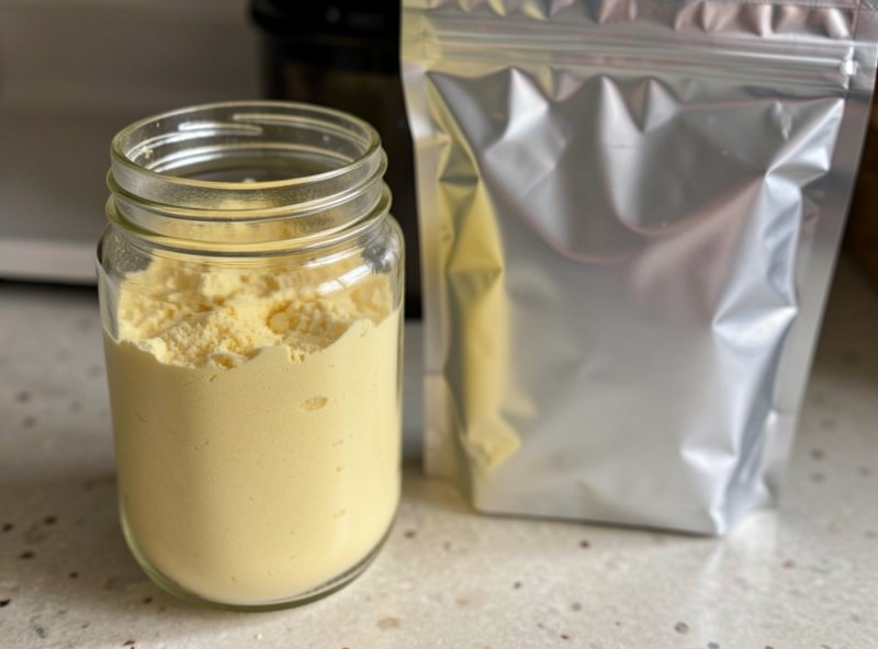 Fine yellow freeze-dried whole egg powder in a glass jar beside an impulse-sealed mylar bag