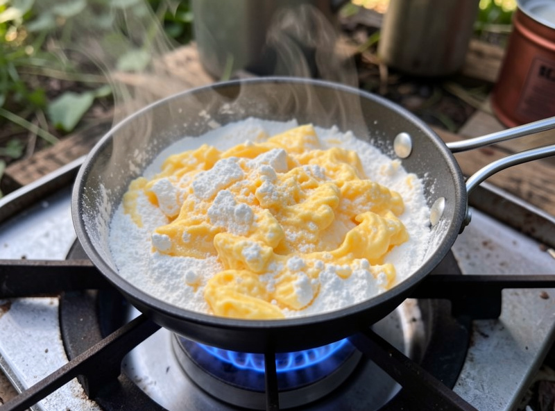 Rehydrated freeze-dried egg cooked into firm scrambled eggs in a camping pan