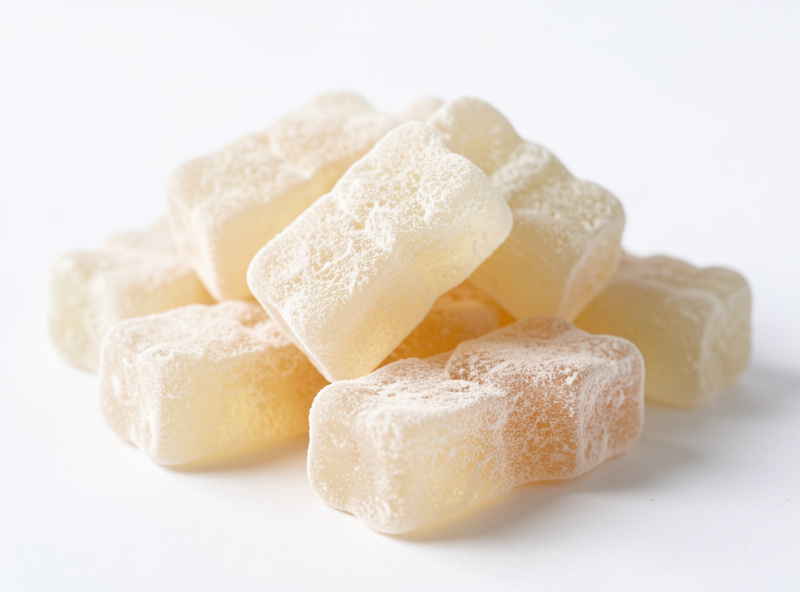 Freeze-dried gummy bears puffed to three times their size in a pale airy crisp form