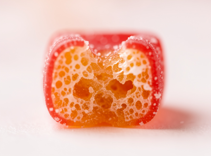 A freeze-dried gummy bear broken open showing the uniform airy crisp interior