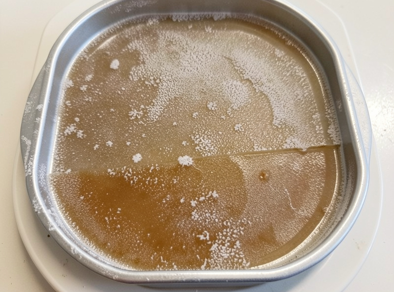 A freeze dryer tray filled with a shallow half-inch layer of broth frozen solid before the cycle