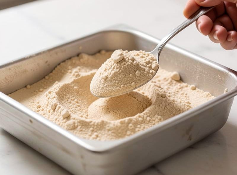 Freeze-dried broth powder being scooped from a tray after a successful liquid cycle