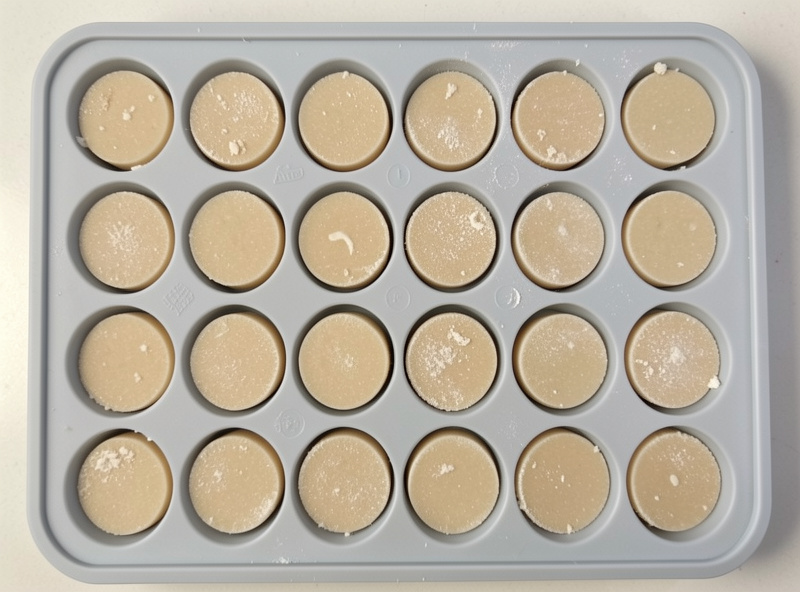 Broth frozen into uniform pucks in a silicone mold ready for the freeze dryer