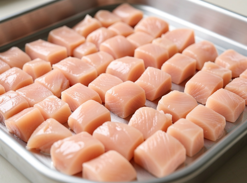 Diced cooked chicken breast in a single layer on a stainless freeze dryer tray