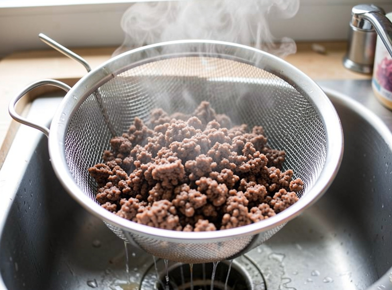 Browned lean ground beef being rinsed of fat in a colander before freeze drying
