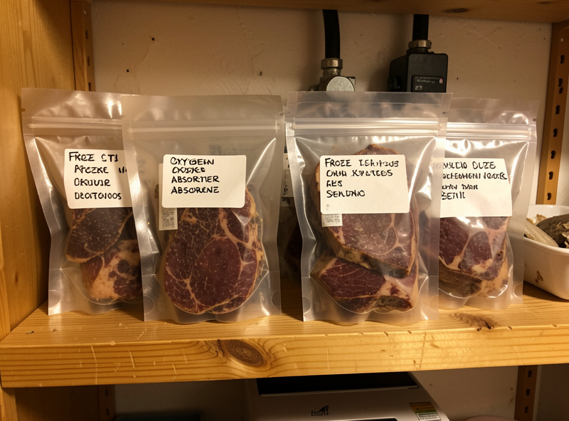 Sealed mylar bags of freeze-dried meat with oxygen absorbers and an impulse sealer on a shelf