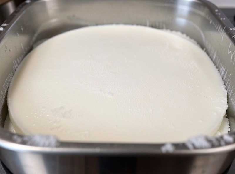 Shallow even layer of milk pre-frozen flat in a stainless freeze dryer tray