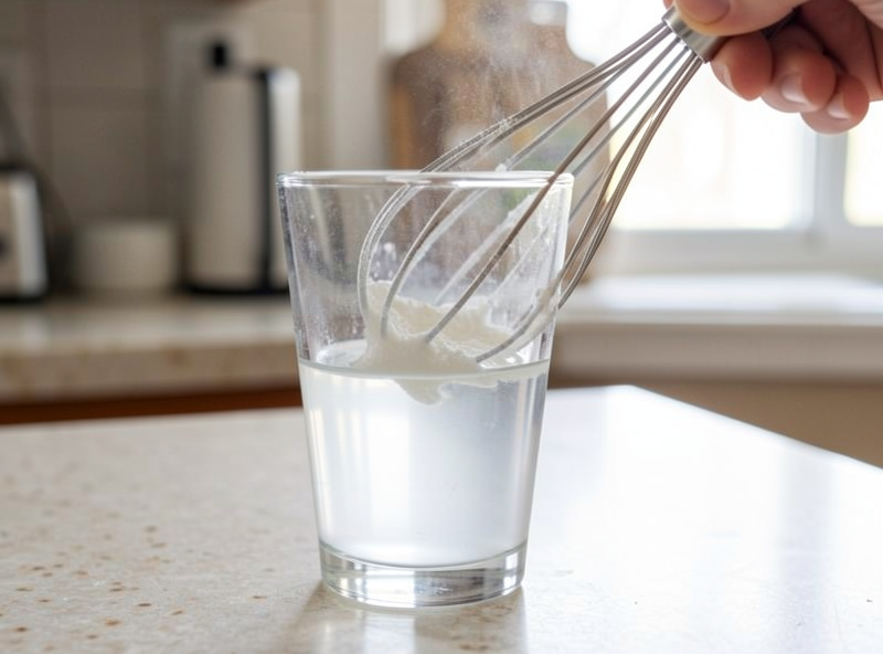 Finished freeze-dried milk powder being whisked back into a glass of water on a kitchen counter