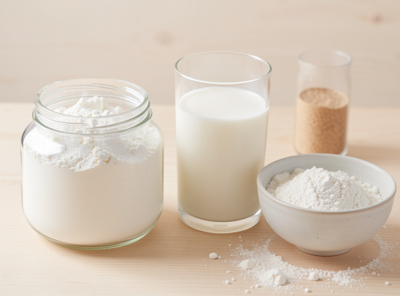Jar of freeze-dried milk powder beside a glass of reconstituted milk and a bowl of baking ingredients