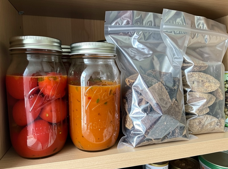 Glass canning jars of tomatoes and soup beside mylar bags of freeze-dried food on a pantry shelf