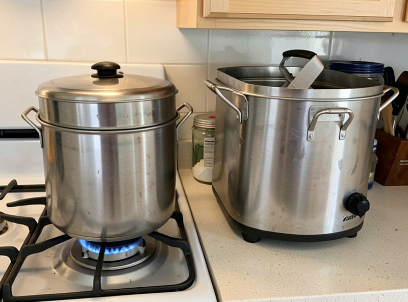 A pressure canner on a stove beside a home freeze dryer, showing two different preservation setups