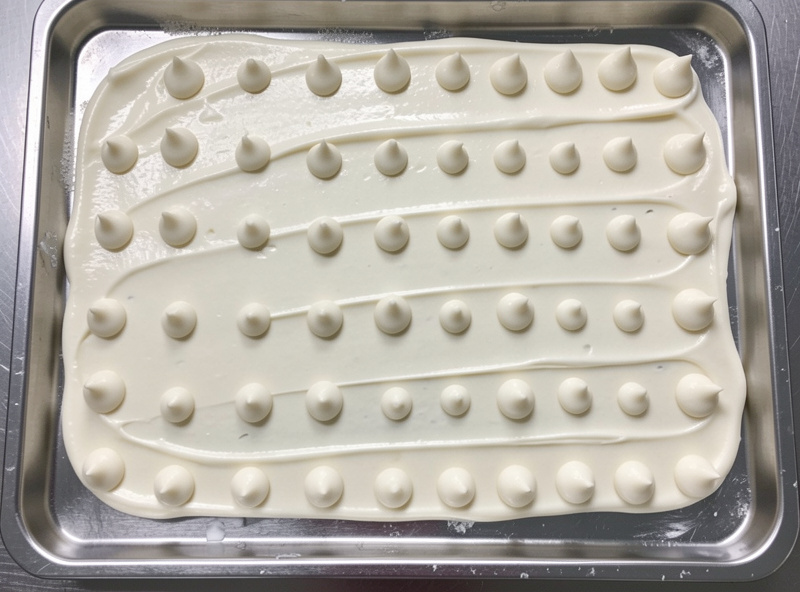 Yogurt spread in a thin even layer and piped into small drops across stainless freeze dryer trays