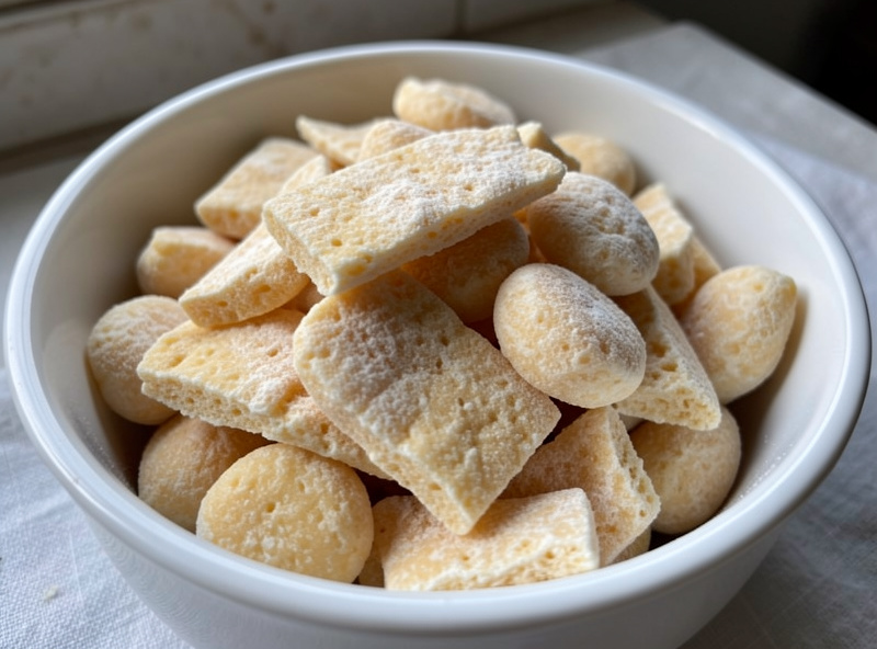 Crisp freeze-dried yogurt shards and drops in a bowl ready to eat as a snack