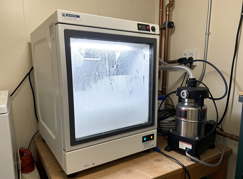 Medium home freeze dryer mid-cycle with frost on the chamber glass