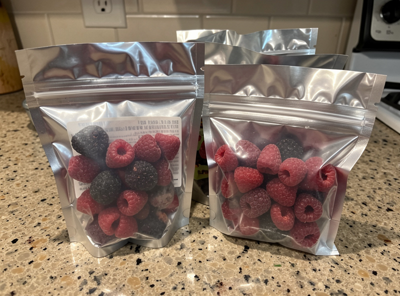 Freeze-dried fruit being packed into mylar bags with oxygen absorbers