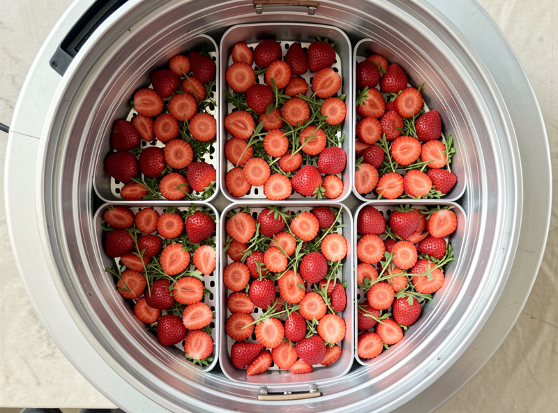 Freeze dryer trays loaded with sliced strawberries and herbs showing realistic tray density