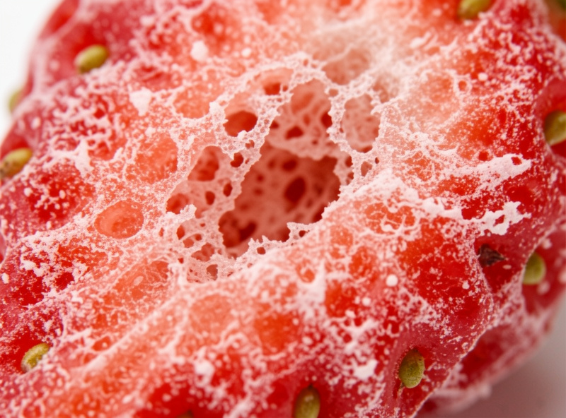 Dry porous sponge-like internal structure of a freeze dried strawberry seen up close