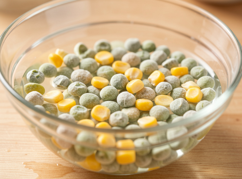 Freeze dried peas and corn rehydrating in a bowl of warm water