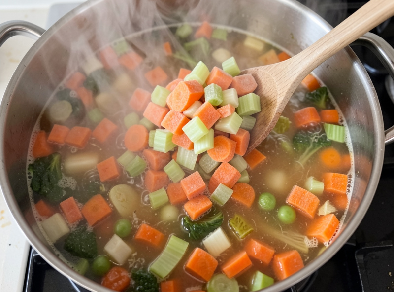 Freeze dried diced carrots and celery added straight into a simmering pot of soup