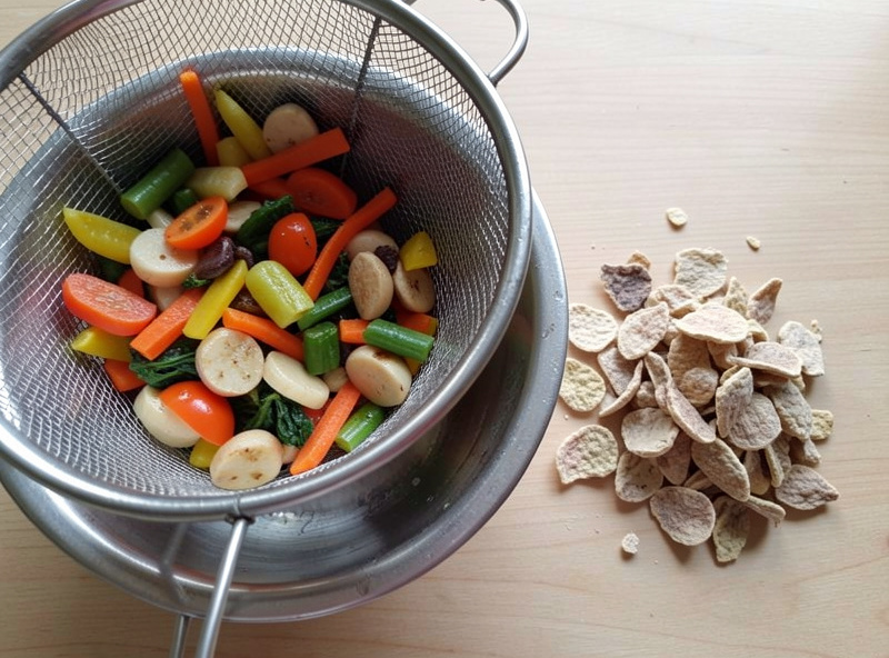 Rehydrated mixed vegetables drained in a strainer next to their dry form