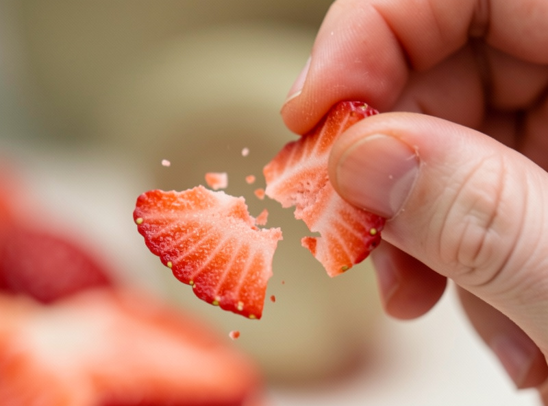 A hand snapping a freeze-dried strawberry slice that shatters cleanly to confirm it is dry