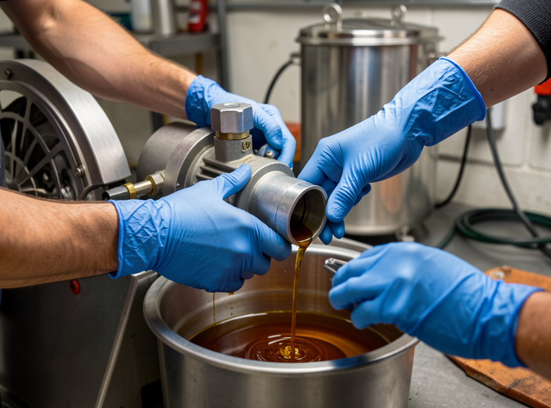 Hands changing the oil on a freeze dryer vacuum pump, oil draining into a pan with gloves on
