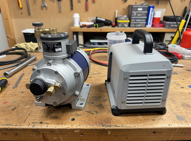 An oil vacuum pump with sight glass next to a compact oil-free pump on a workbench