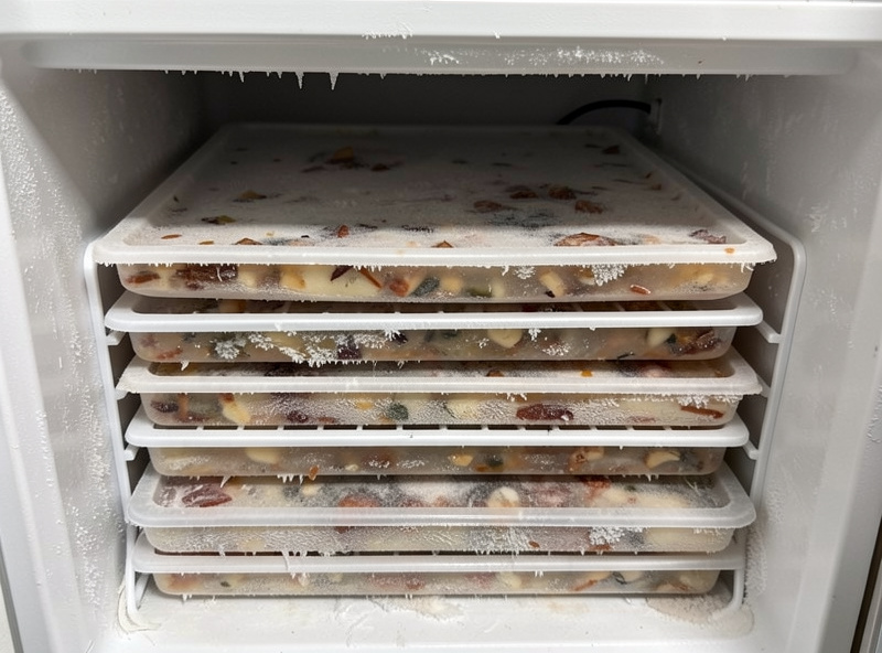 Freeze dryer trays of food stacked in a chest freezer to pre-freeze solid before a cycle