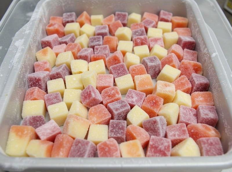 A thin even single layer of pre-frozen diced fruit loaded into a freeze dryer tray