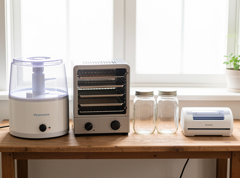 Home preservation bench showing a freeze dryer, a dehydrator, canning jars, and a vacuum sealer side by side