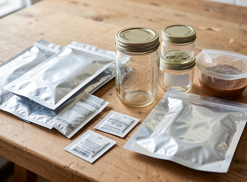 Mylar bags with oxygen absorbers next to canning jars and vacuum-sealed pouches on a packaging bench
