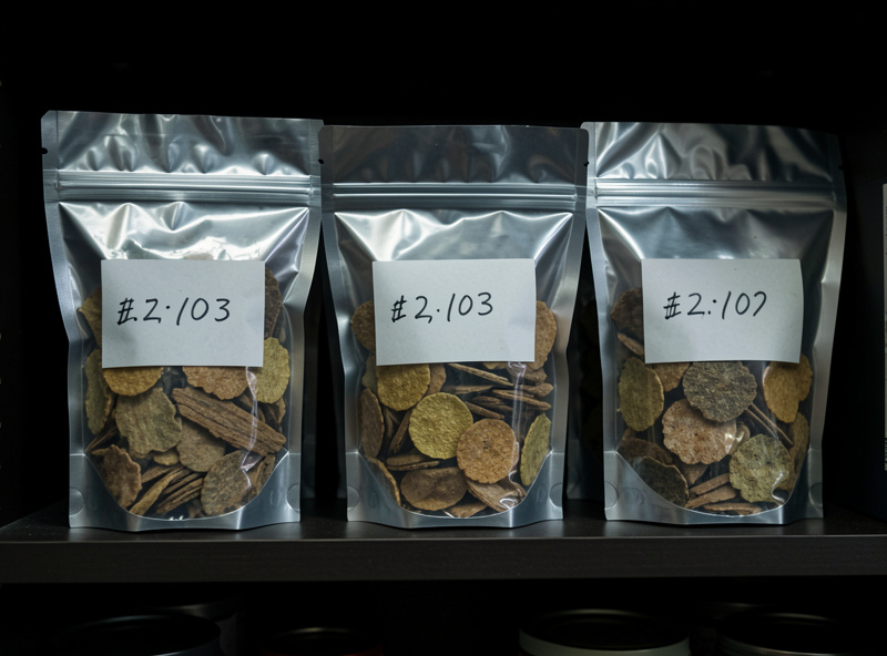 Labeled mylar bags of freeze-dried food stored on a dark shelf with dates written on each bag