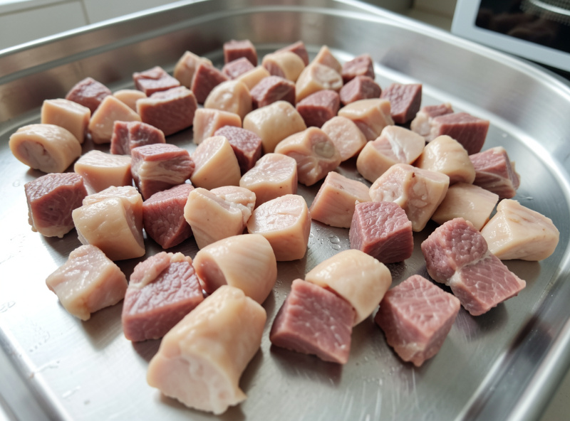 Cooked diced chicken and beef on a stainless freeze dryer tray ready for a cycle