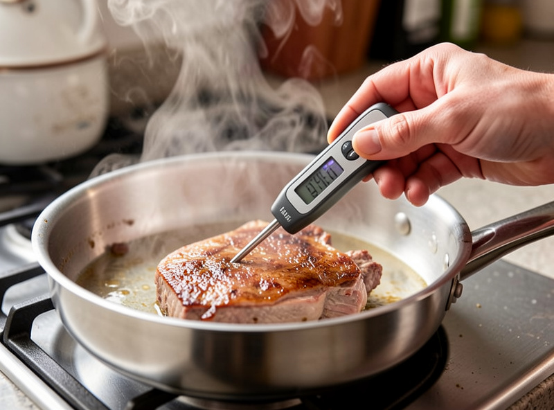 Checking rehydrated meat with an instant-read thermometer in a pan