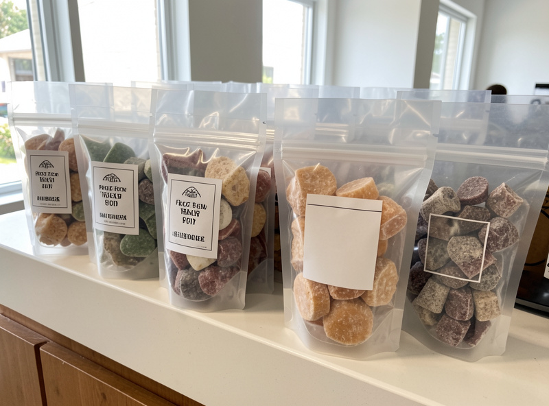 Packaged bags of freeze-dried candy with labels arranged for sale
