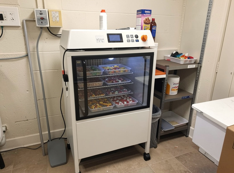 A home freeze dryer running a candy batch in a utility room setup