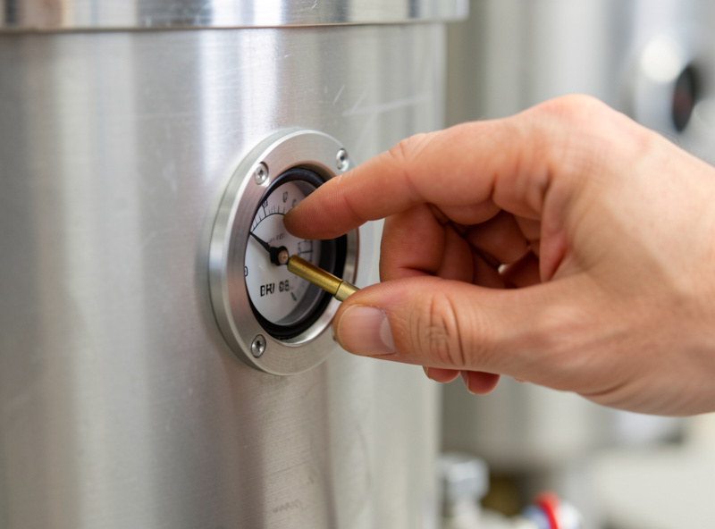 Operator inspecting the oil sight glass on a home freeze dryer vacuum pump before a batch