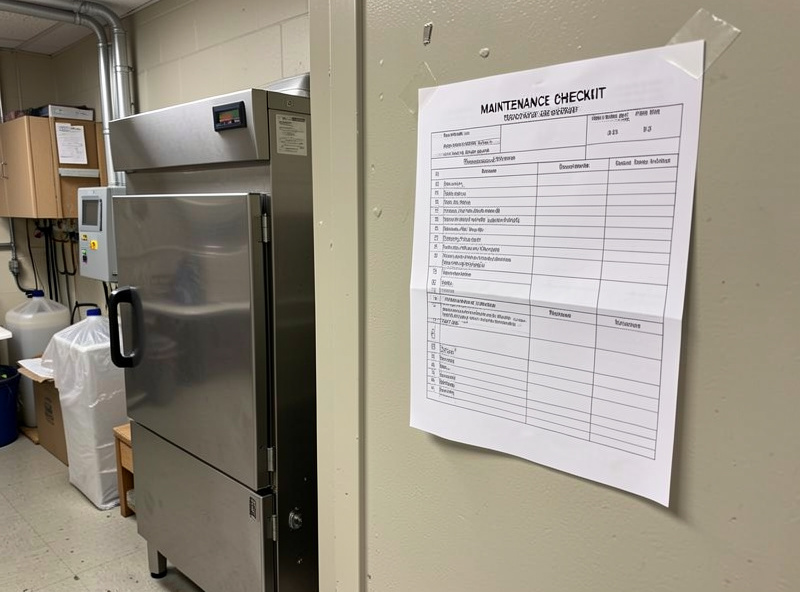 Maintenance schedule checklist taped to the wall beside a home freeze dryer