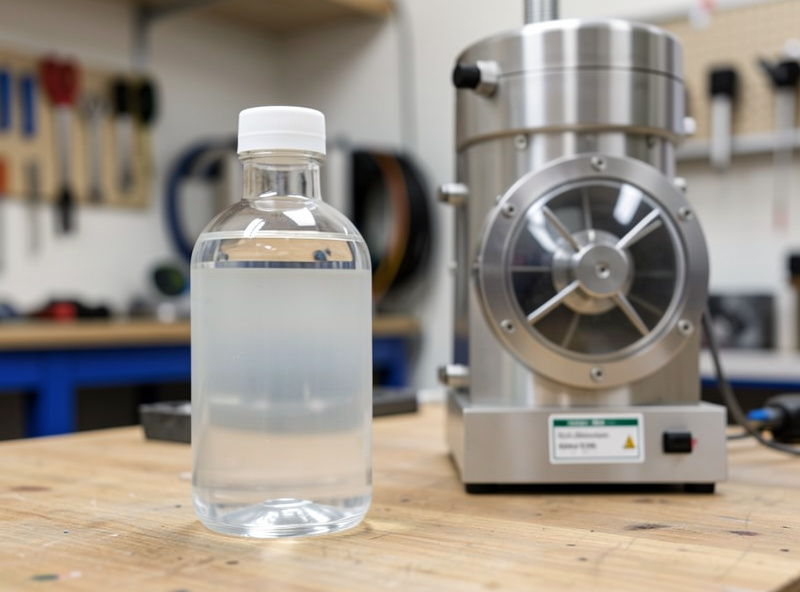 Bottle of clear rotary vane vacuum pump oil next to a home freeze dryer pump on a bench