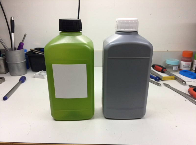 Comparison of branded and generic vacuum pump oil bottles on a workbench