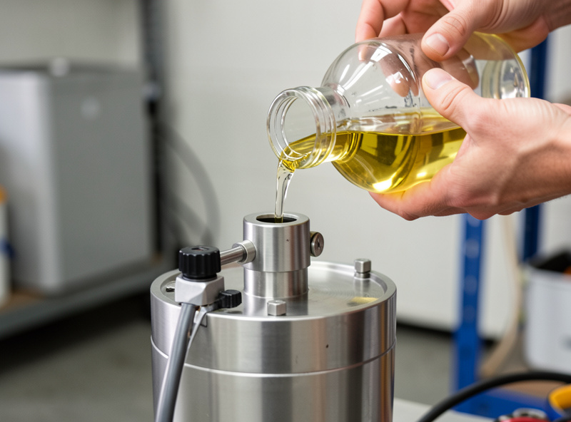 Home freeze dryer vacuum pump being prepared for off-season storage with fresh oil